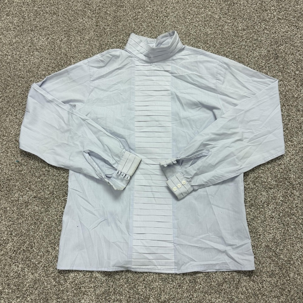 Lindsay Gray Blouse Womens S Light Blue High Neck Pleated Long Sleeve Top Formal